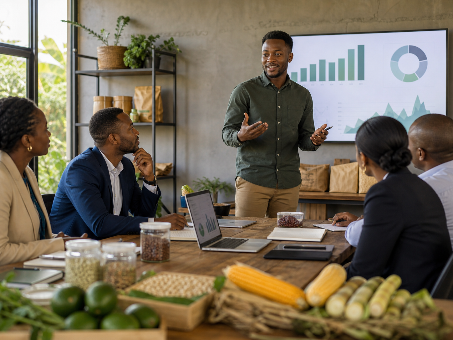 Agribusiness founder presenting to investors and mentors